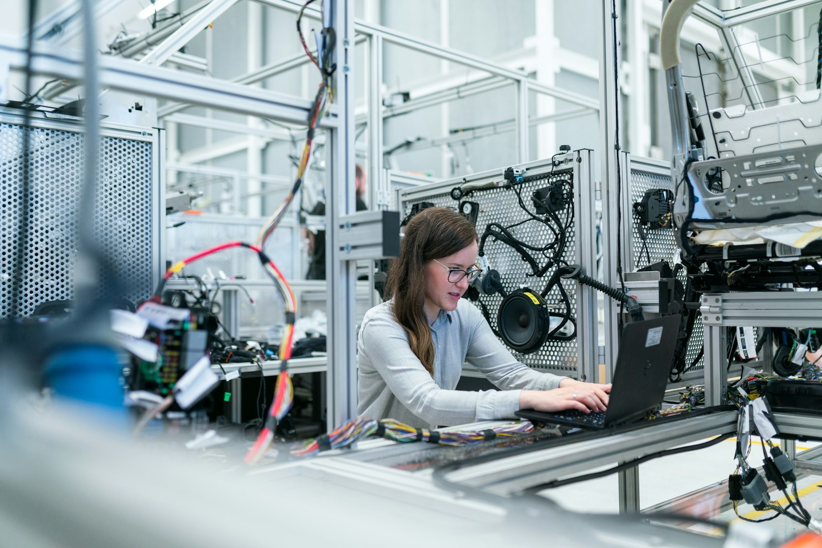 Humanoid service robot standing in a bright research space