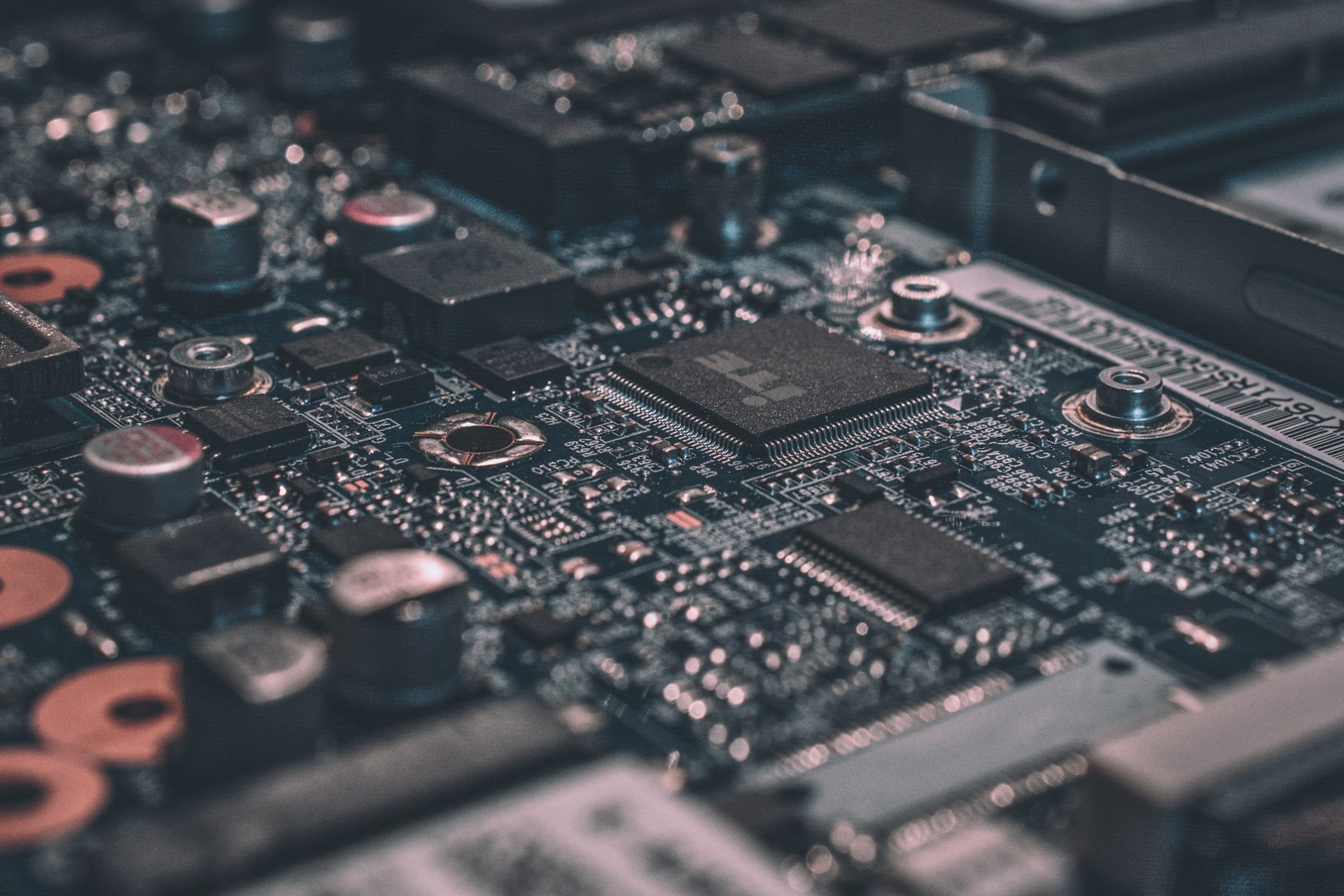 Close-up of a circuit board with illuminated components